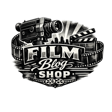Logo featuring a camera, film reel, and the text "Film Blog Shop."