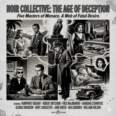 Promotional poster for "Noir Collective: The Age of Deception" featuring various characters and themes of intrigue.