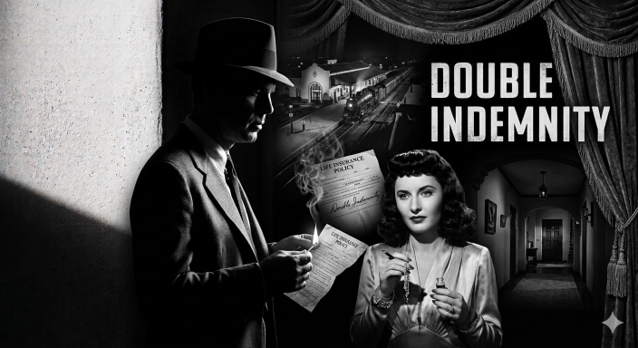 Black and white scene featuring a man in a hat and a woman with a vintage dress, "Double Indemnity" title.