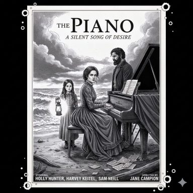 A black and white illustration of a woman at a piano with a girl and a man nearby.