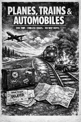 Vintage-style poster featuring planes, trains, and automobiles with travel elements.