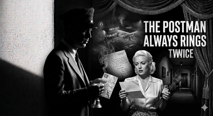 A man in a hat and a woman in a white dress hold papers in a dramatic, film noir setting.